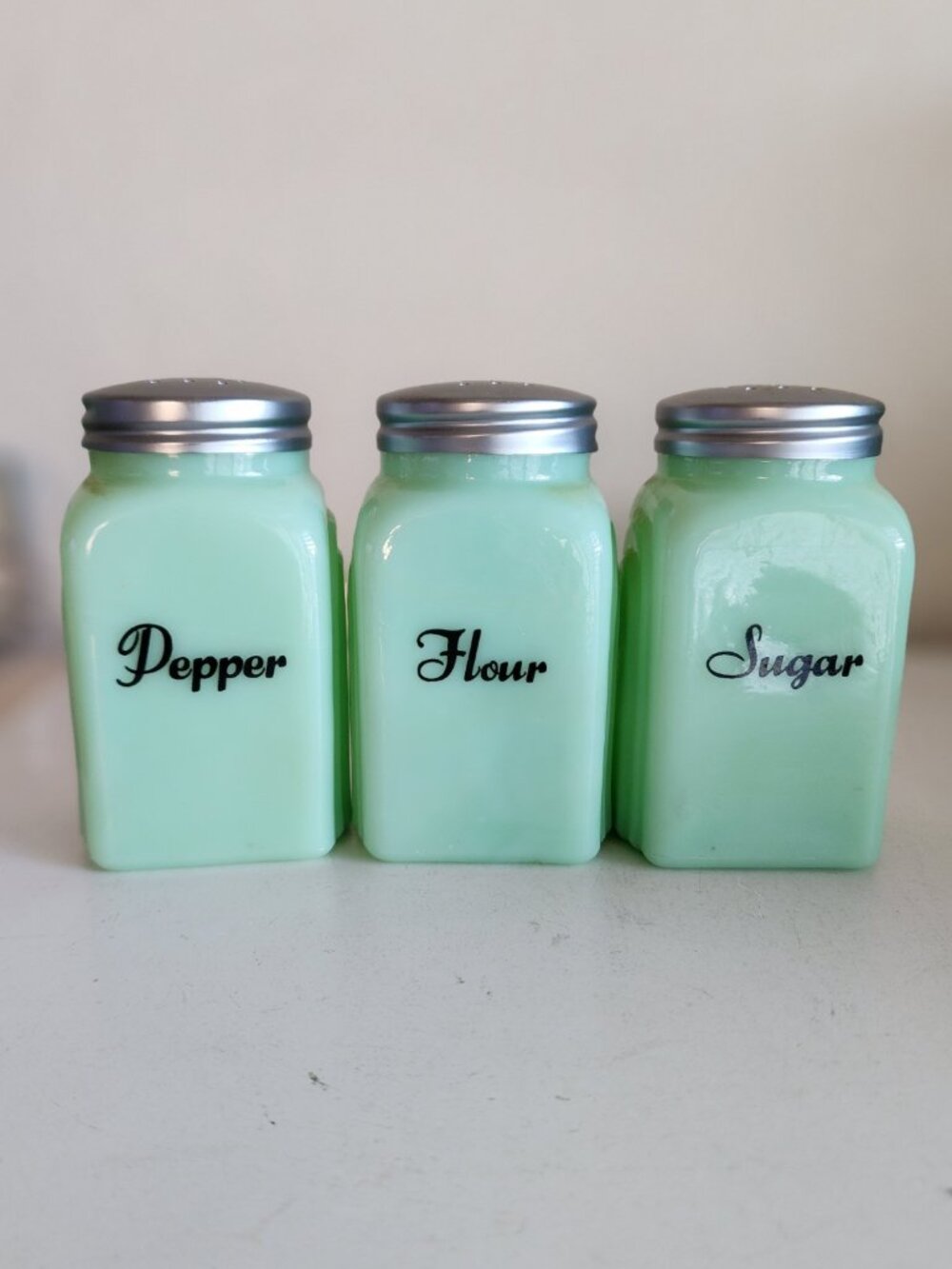 Jadeite Jadite Green Glass Flour Sugar Pepper Art Deco Shakers NEW Condition